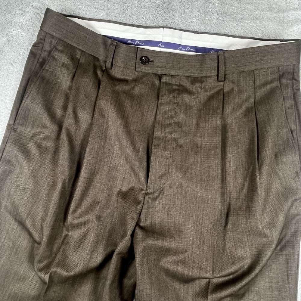 Alan Flusser Pants Mens 36x34 Brown Poly/Viscose/Wool Pleated Cuffed Dress Slack